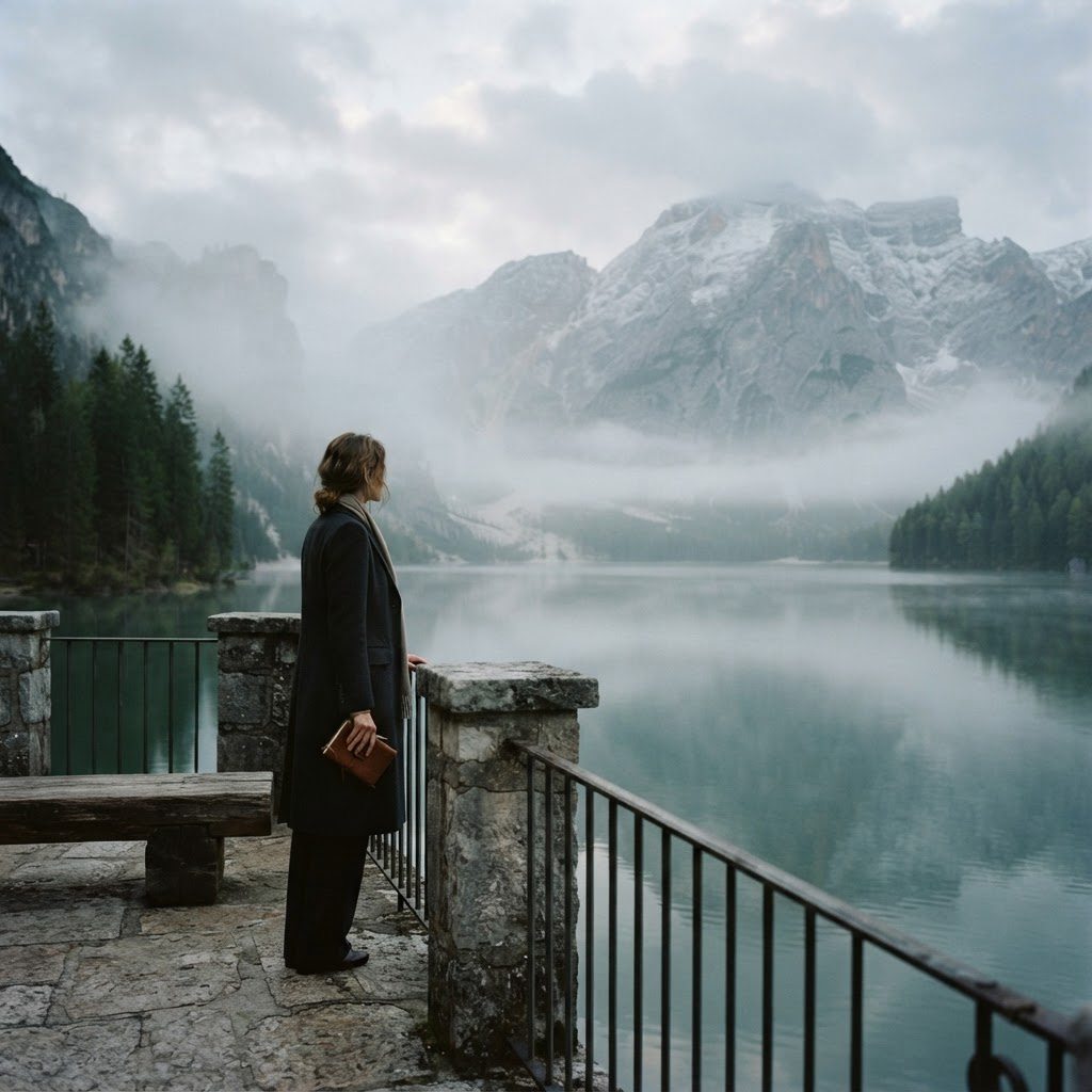 A traveller looking out over a misty European alpine lake at dawn